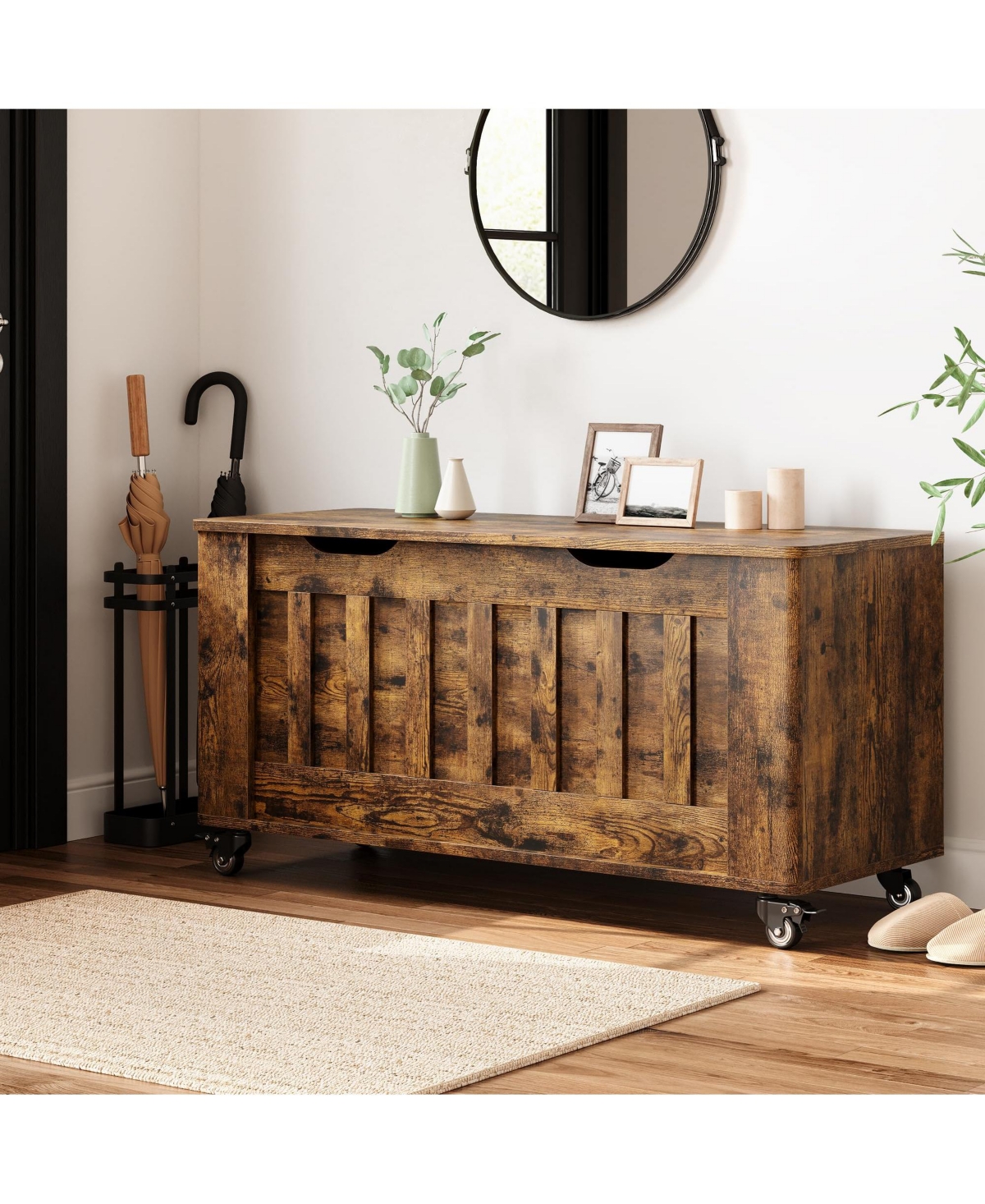 gaomon 39.4" Rolling Wooden Storage Chest and Blanket Bench with Safety Hinges