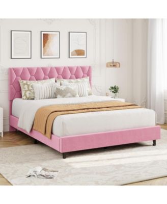 Queen Size Velvet Upholstered Platform Bed Frame with Adjustable Headboard, Wooden Slats Support, No Box Spring Needed, Easy Assembly