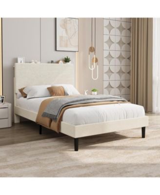 Twin Bed Frame with Charging Station, Corduroy Upholstered Platform Bed with Headboard Shelf, Wooden Slats, Noise Free, Easy Assembly