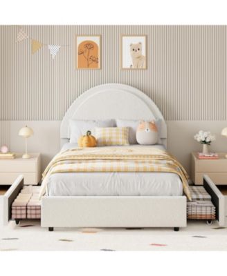 Twin Boucle Bed Frame with 2 Drawers Upholstered Platform Round Headboard Wood Slats No Box Spring