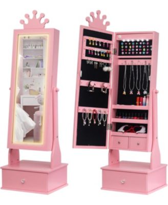 Kids Jewelry Armoire,Child Jewelry Cabinet with Led Light,Freestanding Jewelry Organizer with Full Length Mirror&Storage Drawers