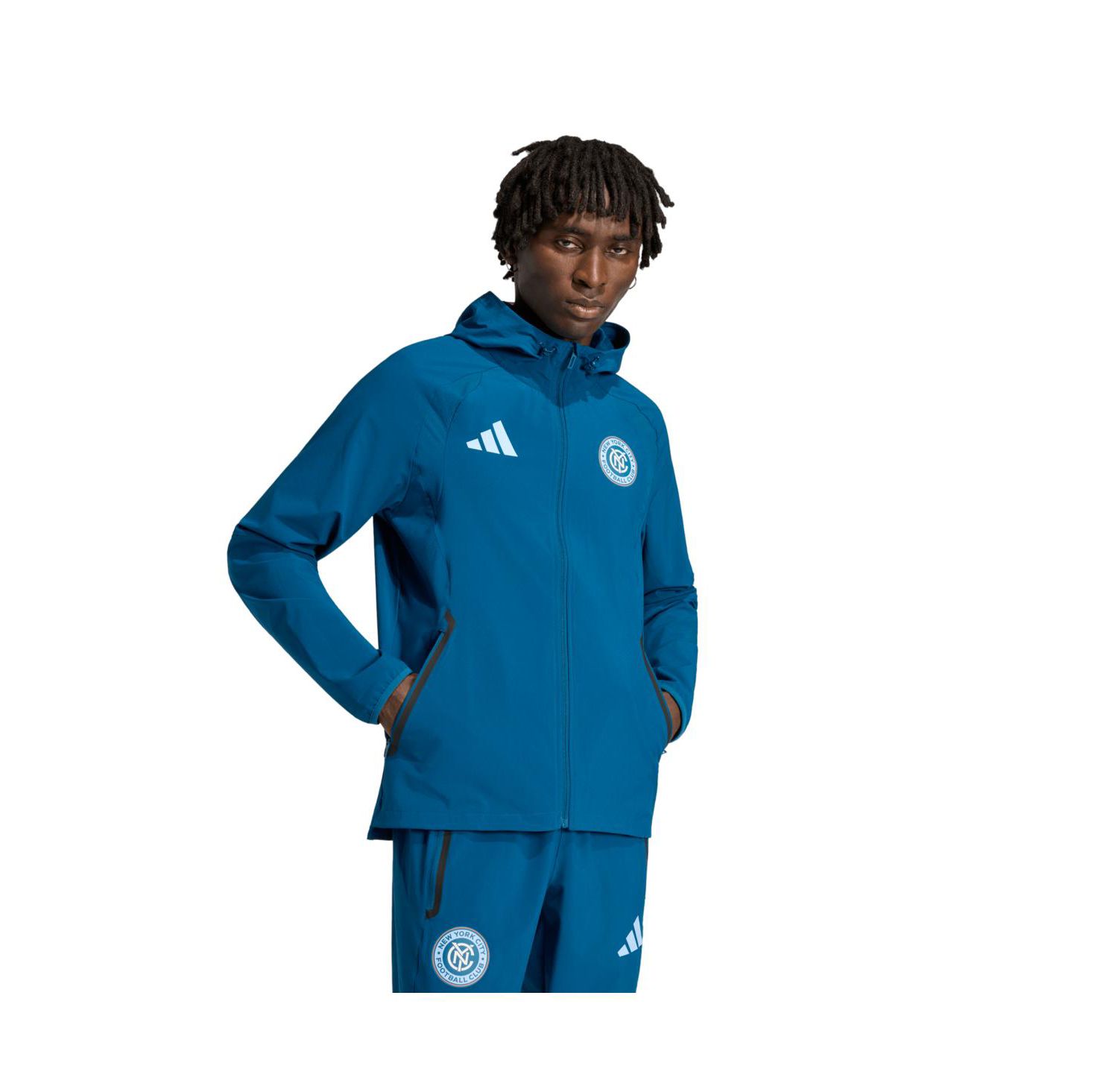 Men's Blue New York City FC Tiro Travel Full-Zip Hooded Windbreaker Jacket