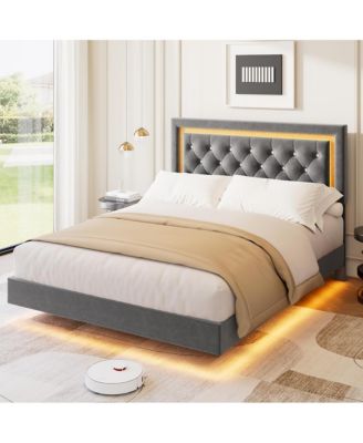 Full Floating Bed Frame with LED Lights, Upholstered Platform Bed, Wood Slats