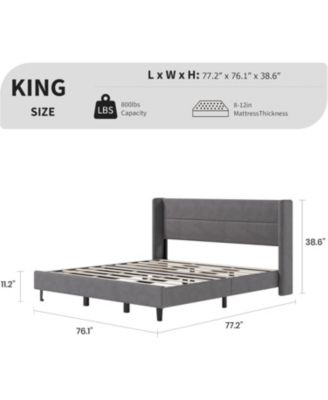 King Velvet Bed Frame with Wingback Headboard, Upholstered Platform Bed with Wood Slats