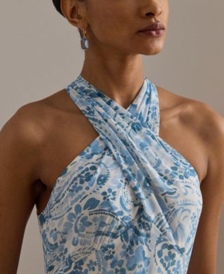 Paisley Crinkle Georgette Halter Gown