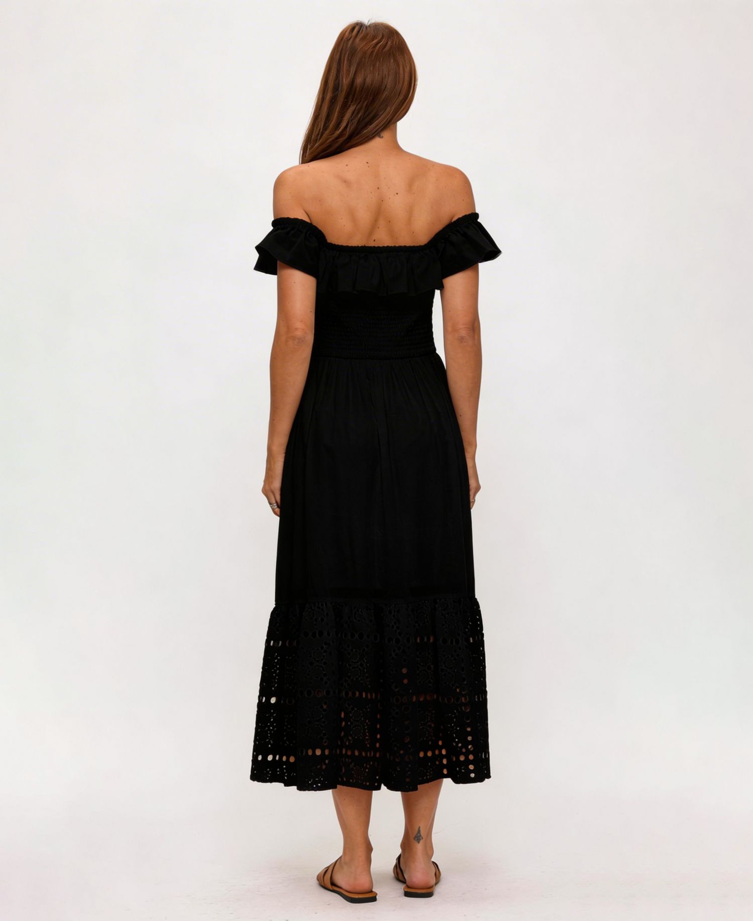 Women's Off-The-Shoulder Flounced Smocked Midi Dress