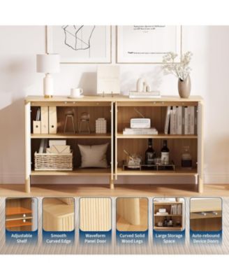 58" Fluted Oak Sideboard Buffet Cabinet with Storage, Large Buffet Cabinet with 4 Doors and Adjustable Shelves