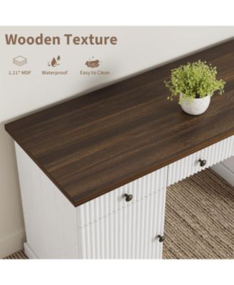 Fluted Home Office Desk Storage, in Modern Executive Desk with Charging Station, Wooden Computer Writing Desk with File Cabinet And Drawers