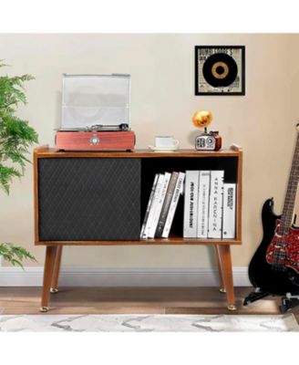 Large Record Player Stand with Charging Station, Vinyl Record Storage Cabinet with Sliding Door for Living Room Bedroom