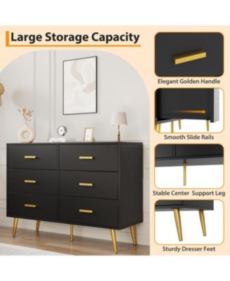 6-Drawer Wide Chest, Contemporary Wood Storage, Bedroom Dresser with Sliding Drawers, Office, Lounge