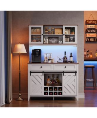 72" Sliding Barn Door High Bar Cabinet Farmhouse, Large Kitchen Buffet with Hutch Wine Storage