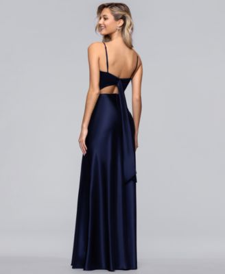 Twist Bodice Satin Tie Back Floor Length Gown