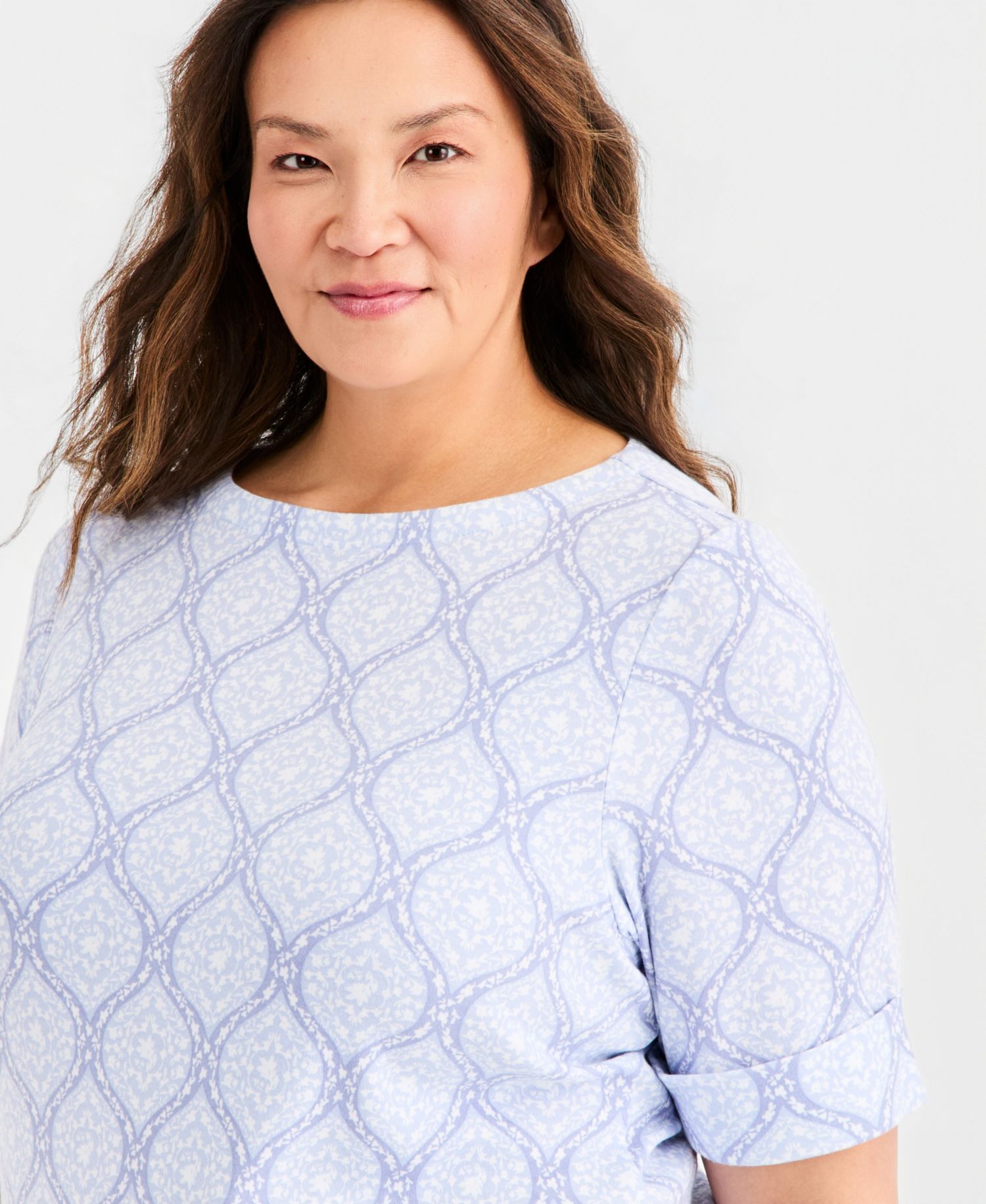 Petite Printed Boat-Neck Elbow-Sleeve Top