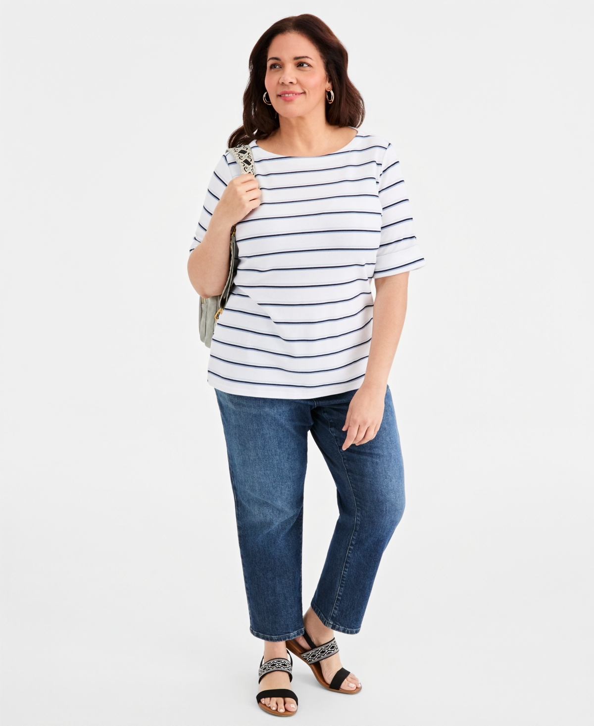 Style & Co Plus Striped Elbow-Sleeve Top, Macy's Exclusive