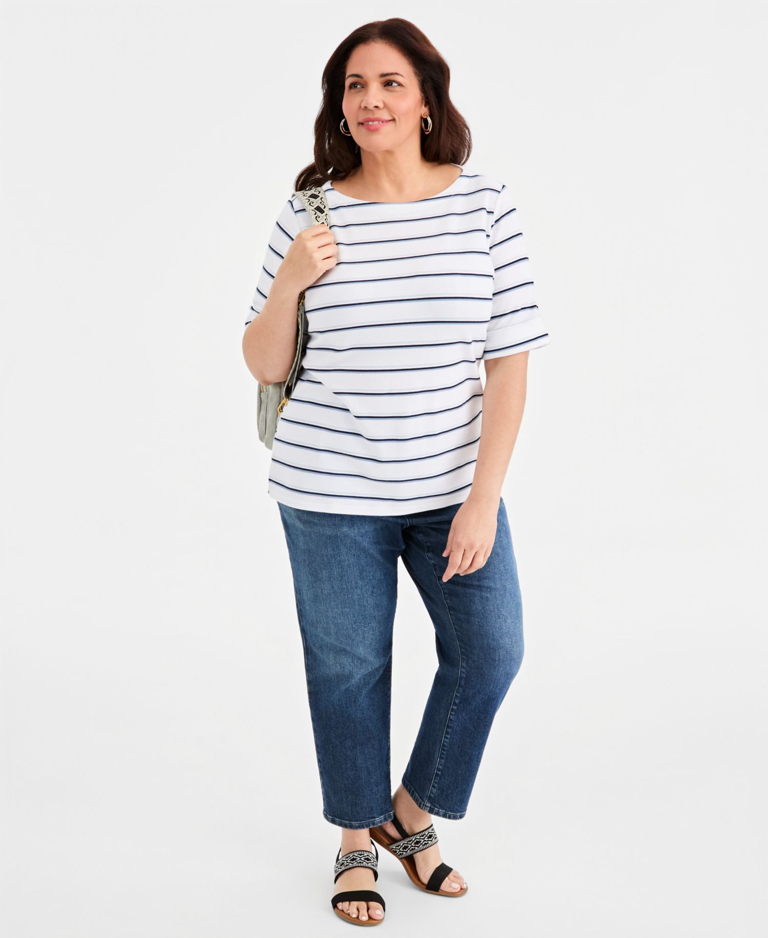 Petite Multi-Stripe Boat-Neck Elbow-Sleeve Top