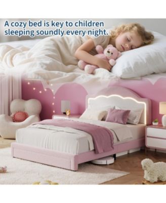 Twin Kids Upholstered Bed with LED Headboard, Plush Sherpa Fabric, Wooden Slats Support, No Box Spring Needed