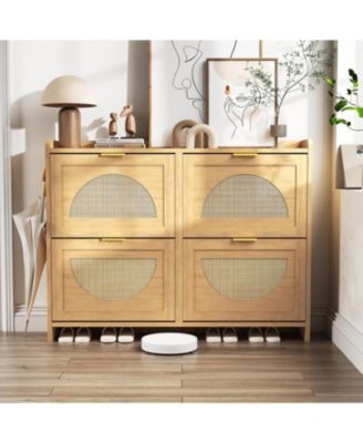 Rattan Shoe Storage Cabinet with 4 Flip Drawers, Free Standing Narrow Shoe Organizer Cabinet with Rattan Doors, Wooden Shoe Rack