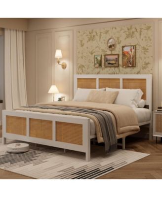  Rattan Bed Frame Headboard Metal Slats Boho Noise Free No Box Spring Needed