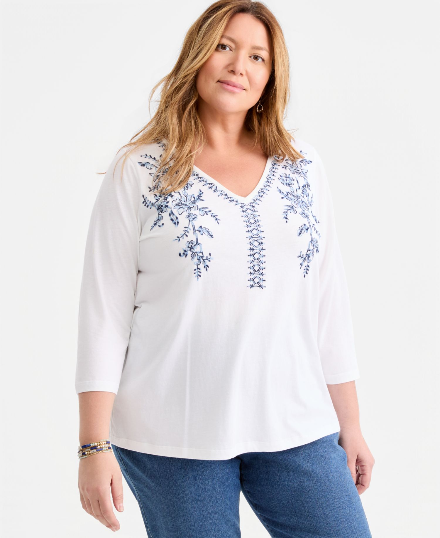 Plus Long-Sleeve Embroidered Knit Top