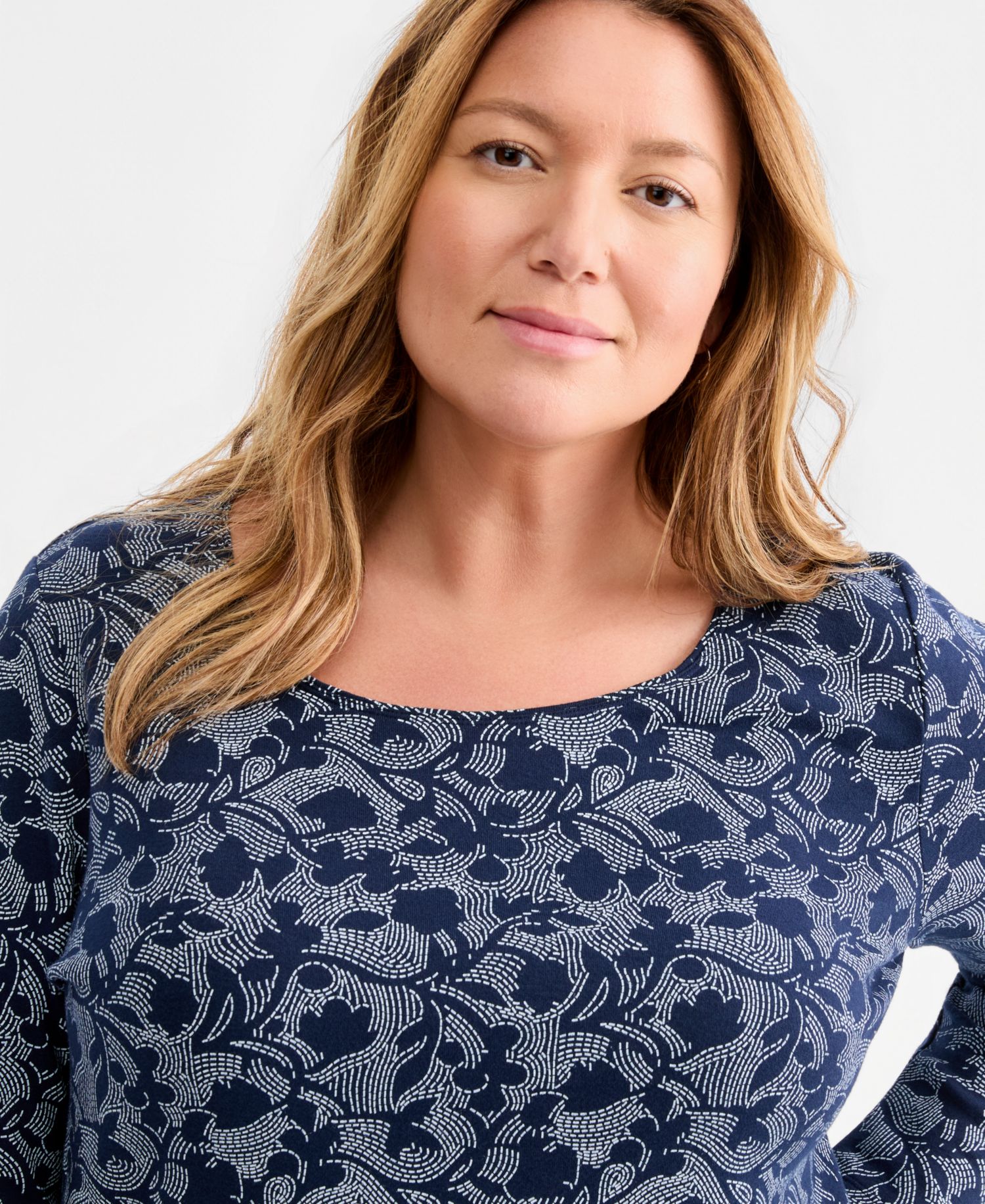 Plus Size Printed Long-Sleeve Scoop-Neck Top