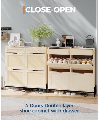 Freestanding Wooden Rattan Shoe Cabinet with 4 Flip Drawers and 2 Top Drawers