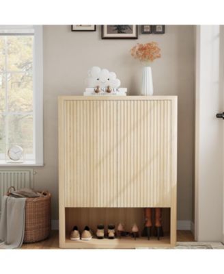 45" Freestanding Fluted Oak Shoe Cabinet with 2 Push-Release Doors