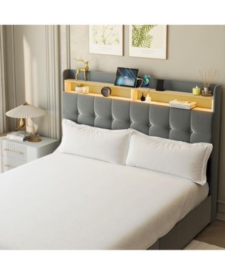 Queen Bed Frame with Headboard & 2 Storage Drawers, Upholstered Platform Bed with LED Lights, USB Charging Station