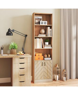 71 Inch 6-Tier Tall Bookshelf with Double Doors 4 Open Cubes-Oak