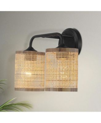 Quell Double Light Vanity With Natural Rattan Shade Wall Lamp