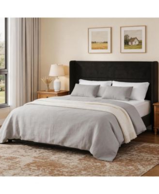 Full Upholstered Bed Frame with Wingback Headboard, Platform Bed with Wood Slats Support, No Box Spring