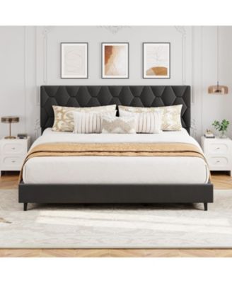 King Upholstered Platform Bed Frame with Headboard, Wooden Slats Support, No Box Spring Needed, Easy Assembly