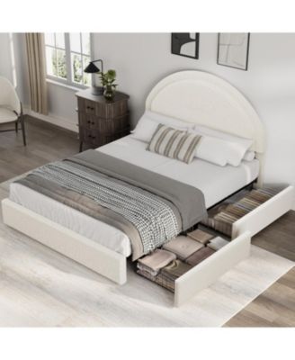  Boucle Bed Frame with 2 Drawers Upholstered Platform Round Headboard Wood Slats No Box Spring