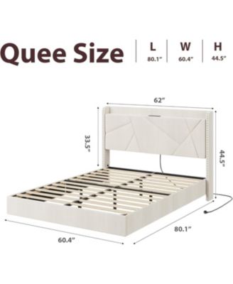 Floating Bed Frame with LED Lights Charging Station Storage Headboard Folding Shelves Metal Slats