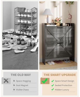 Narrow Freestanding Shoe Storage Cabinet with 2 Flip Drawers