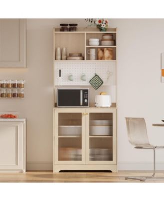 71 inch Pantry Cabinet 6 Tier Freestanding Tall Cupboard Storage Unit with Pegboard 2 Cabinets Open Shelves Glass Doors