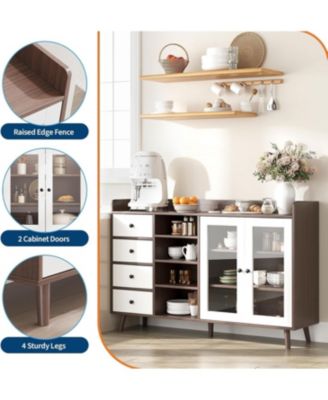 Farmhouse Sideboard Buffet Cabinet with Adjustable Shelves Glass Doors and Open Storage for Kitchen Dining and Entryway Walnut