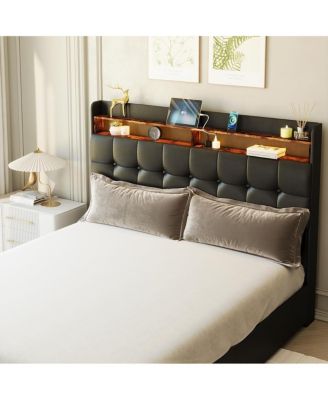 Queen Bed Frame with Headboard & 2 Storage Drawers, Upholstered Platform Bed with LED Lights, USB Charging Station