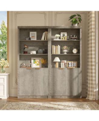  tall wooden bookcase with doors, 5 shelves, adjustable top shelf, and large storage cabinet—modern design for home or office.