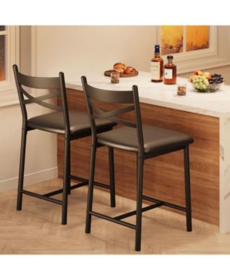 Set of 2 PU Upholstered Bar Stools with Footrest, Modern Counter Height Chairs with Back for Kitchen Island, Apartment