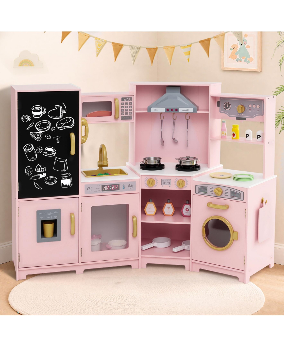 Sugift Corner Wooden Play Kitchen with Lights and Sounds Large Pretend Play Kitchen Set
