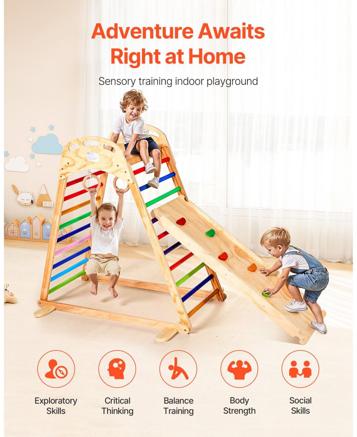 Детские фигурки Mecale Indoor Playground Jungle Gym, 4-in-1 Wooden Playset with Climbing Rock, Slide, Ladder and Gym Rings, 220 lb Capacity, цвет: Натуральный — фото 7