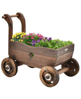 Decorative Wagon Cart Plant Flower Pot Stand Wooden Raised Garden Planter Box