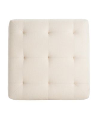 Square Upholstered Tufted Linen Fabric Ottoman, Solid Wood Legs
