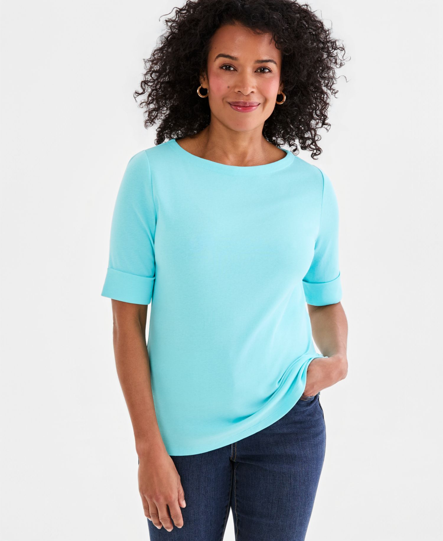 Petite Cotton Elbow-Sleeve Boat-Neck Top