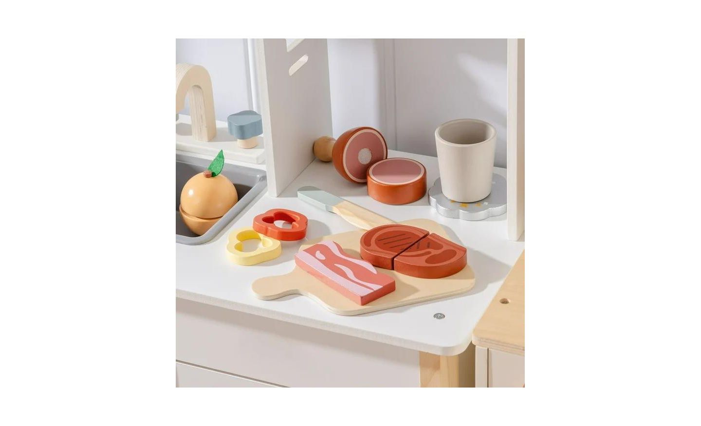 Детские игрушки Robotime Wooden Play Food 4-in-1 Cutting Set Pretend Play Toy Food for Play Kitchen with Shopping Bag Kids Kitchen Accessories for Boys Girls, цвет: Бежевый — фото 4