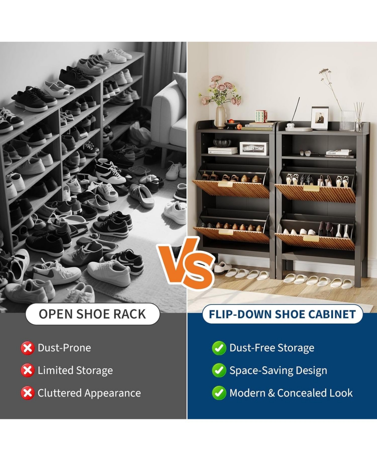 gaomon Narrow Fluted Shoe Storage Cabinet with 2 Flip Drawers and Legs