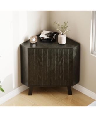 industrial 3 tier wooden corner cabinet with adjustable shelves and doors—freestanding triangle design for space saving living room storage.