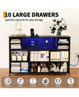 10 Fabric Drawers Dresser, Entertainment Center TV Stand with Power Outlet & LED Light for 45"-55" TV, Chest of Drawers with Wood