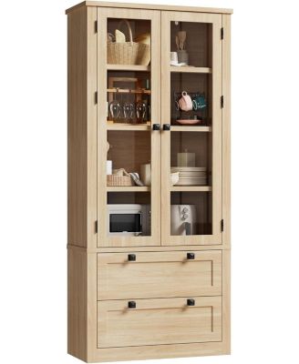 Tall Kitchen Pantry Cabinet - Modern Display Storage Cabinet with 2 Large Drawers, Glass Doors, and Adjustable Shelves