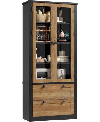 Tall Kitchen Pantry Cabinet - Modern Display Storage Cabinet with 2 Large Drawers, Glass Doors, and Adjustable Shelves